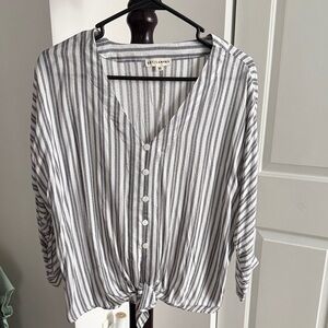 Artisan NY Striped V-Neck Knotted Button Down Top